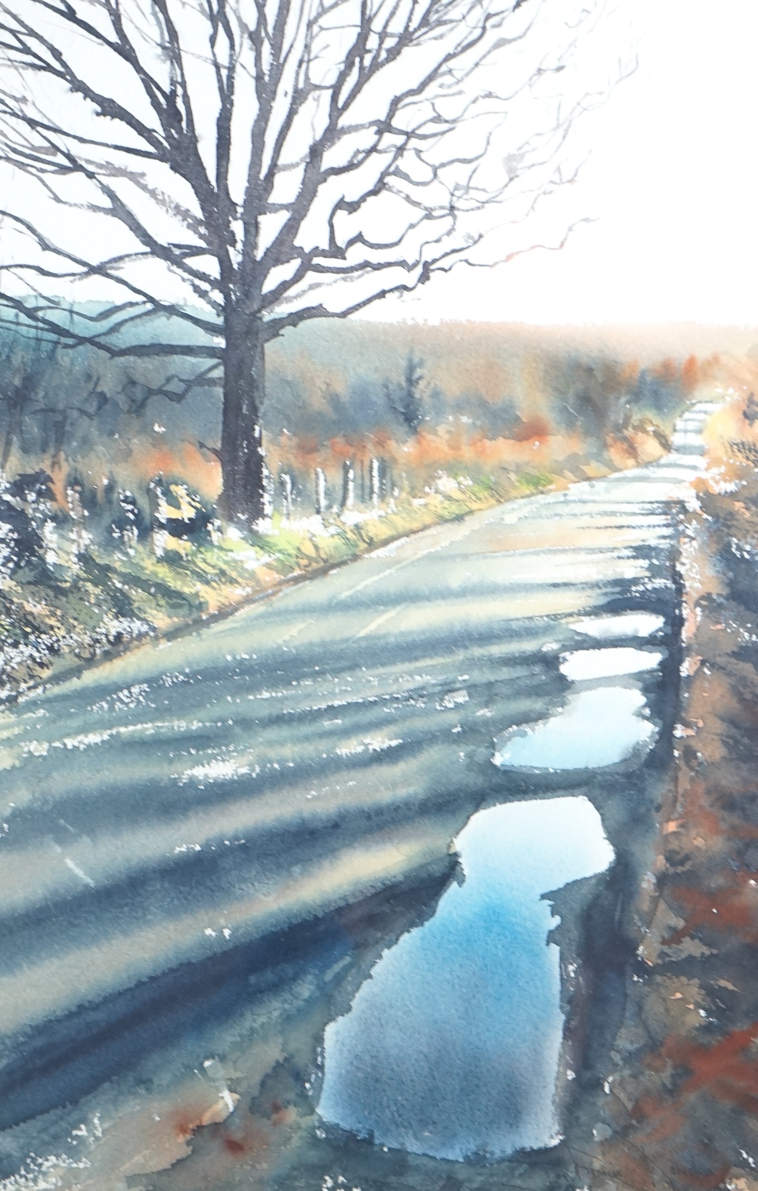 Joe Francis Dowden, watercolour, 'Puddles! - Really the Road to Somewhere in Surrey / Sussex', 39 x 29cm. Condition - good